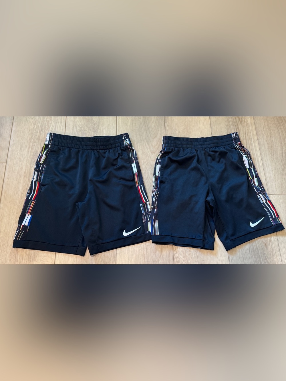 2 Nike Black Kids' Athletic Shorts with Multi-Striped Side Trim